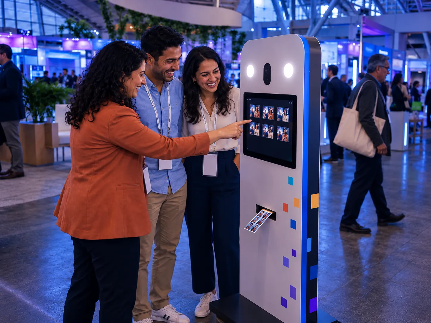 Tres asistentes de una feria miran sonriendo la pantalla de un tótem de fotografía que imprime tiras de fotos